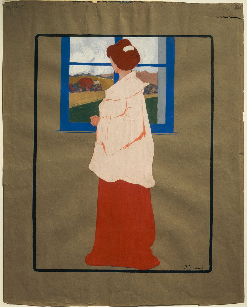 窗前的女人（秋），约1908年，翁贝托-博乔尼（1882-1916），钢笔画在纸板上，32x25厘米 作者 翁贝托·博西奥尼（Umberto Boccioni）