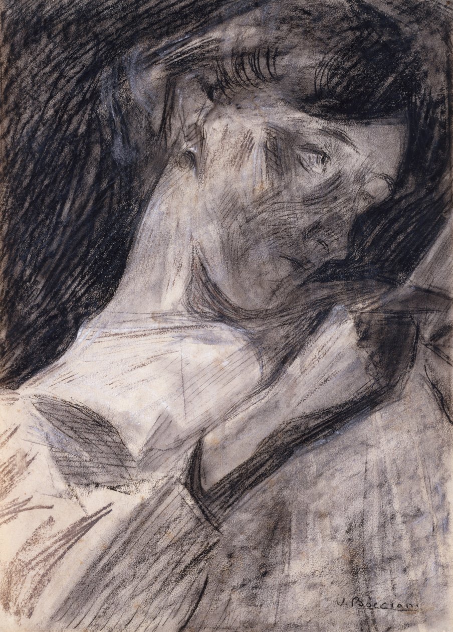 年轻女子阅读《伊内斯》，1909-10。 作者 翁贝托·博西奥尼（Umberto Boccioni）