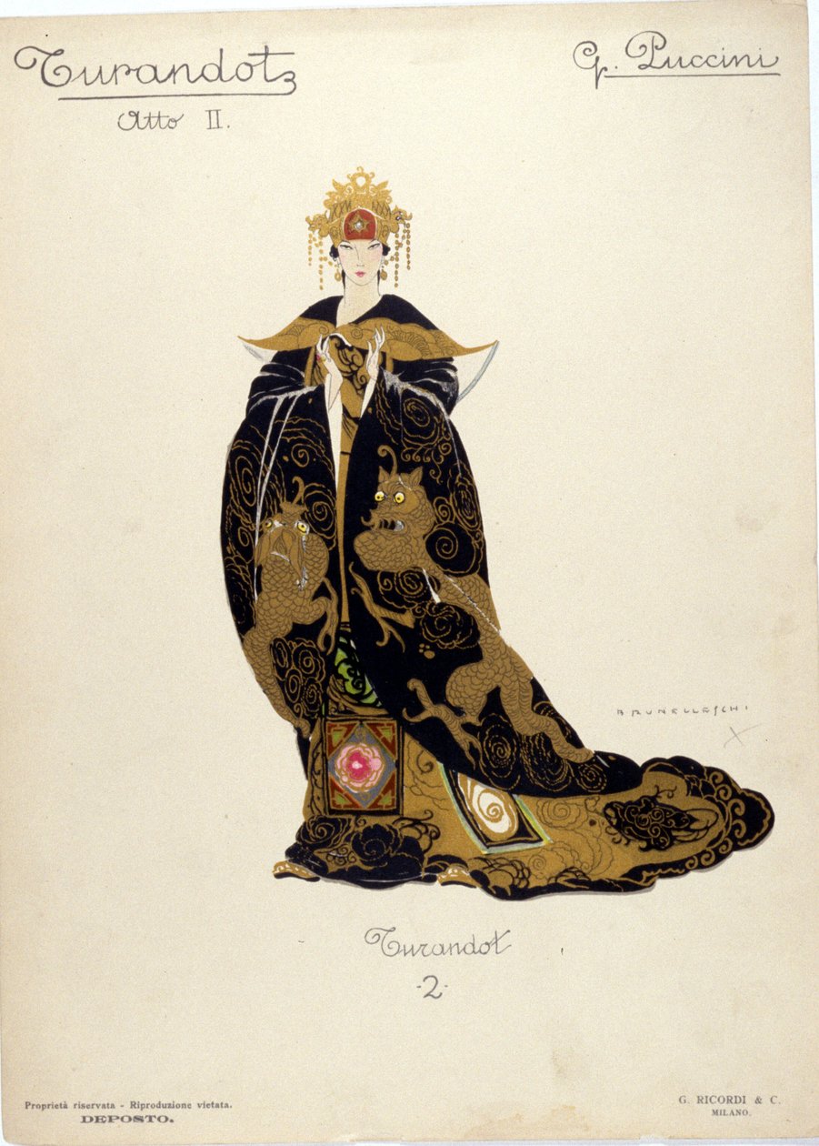 作曲家贾科莫-普契尼（Giacomo Puccini，1858-1924 年）歌剧《图兰朵》中图兰朵公主的服装 - 1926 年 作者 翁贝托·布鲁内莱斯基