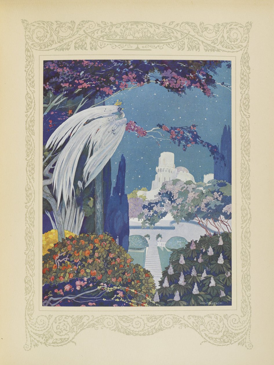 然而，美丽的青鸟从未停止在宫殿周围盘旋，插图选自《Contes du Temps Jadis》，或《Tales from Times Past》，第 32 页。 作者 翁贝托·布鲁内莱斯基