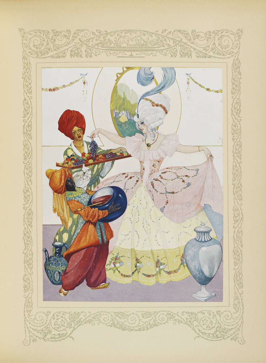 我们装满盆，为她端上水果和果酱罐，插图来自《Contes du Temps Jadis》或《过去的故事》，第 56 页 作者 翁贝托·布鲁内莱斯基
