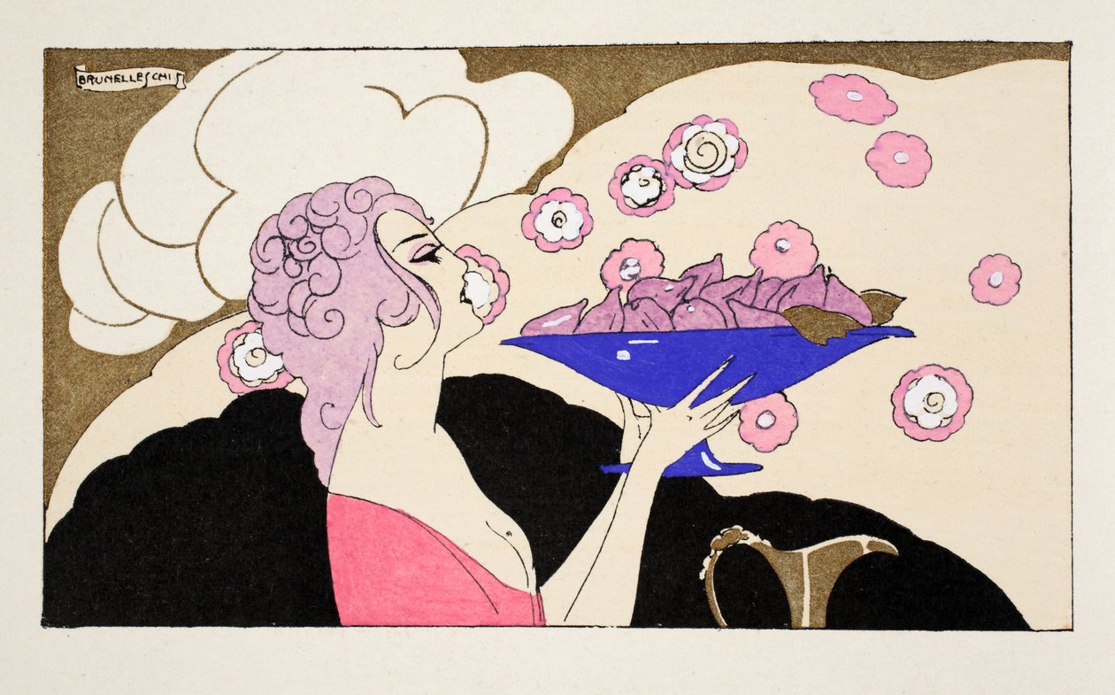 手捧无花果碗的女子（pochoir 版画） 作者 翁贝托·布鲁内莱斯基