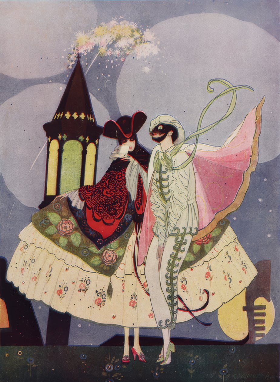 Zwei venezianische Masken und eine Gondel im Werk Carnevale 作者 翁贝托·布鲁内莱斯基