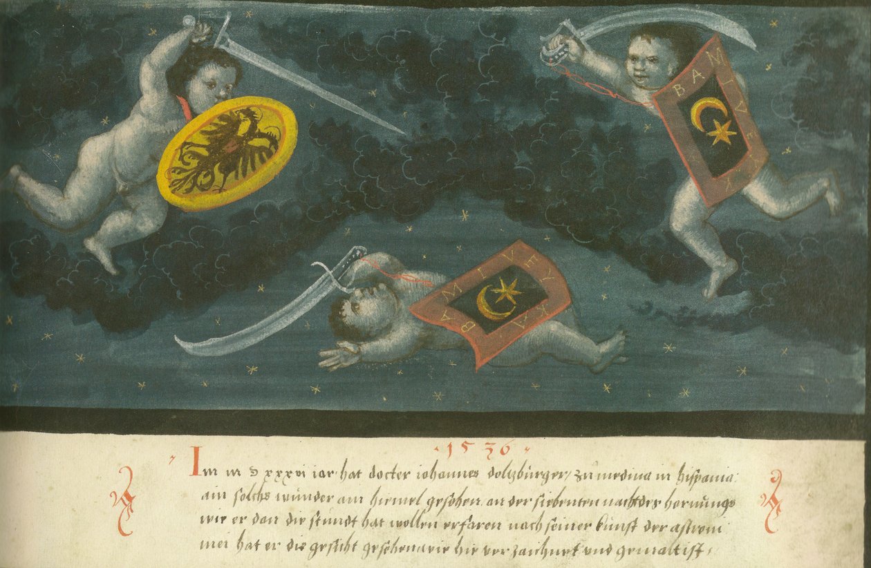 Augsburger Wunderzeichenbuch  -  Folio 134天空战斗的三个孩子1536 作者 未知未知