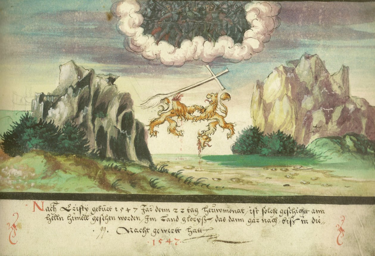 Augsburger Wunderzeichenbuch  - 对开的157-天空战斗，狮子在Glarus 作者 未知未知