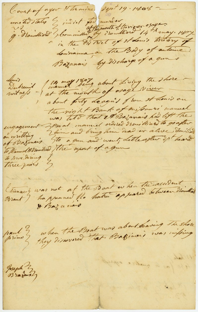 1806年5月14日，Drouillard因在Osage河口遭杀Antoine Bazanais [Antoine Bissonet]而被起诉 作者 未知未知