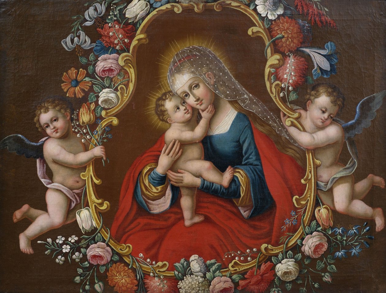 玛丽与孩子（类型Maria Hilf nach Cranach），由天使佩戴的花环构成 作者 未知未知