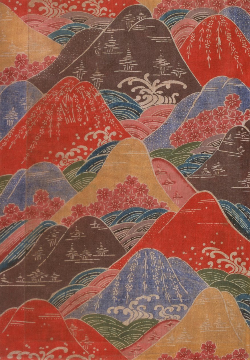 Bingata纺织片段 - 樱花，波浪，山脉图案 作者 未知未知