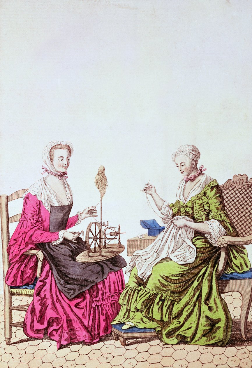 女士纺纱和缝纫，c.1765（彩色雕刻） 作者 未知未知