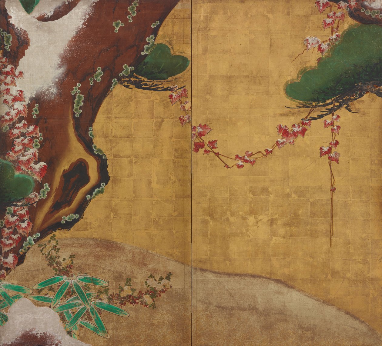 杉树，秋天叶子，花和雪 作者 未知未知