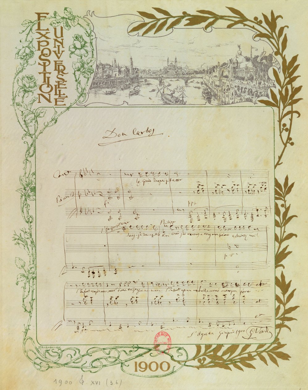 歌剧“Don Carlos”的作品，由朱塞佩·威尔第（1813-1901）写在1900年世界博览会上的纸上 作者 未知未知