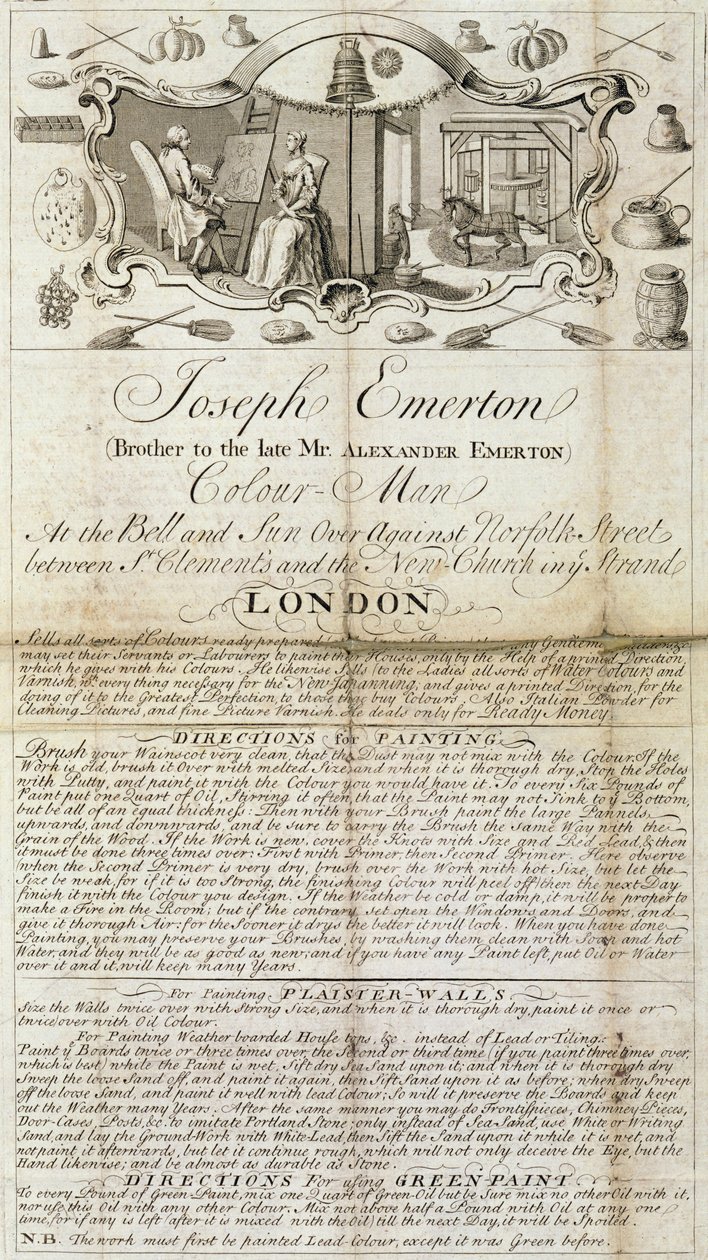 约瑟夫埃默顿，颜色人的贸易单。画家和艺术家的广告材料供应，c.1744（印刷纸） 作者 未知未知