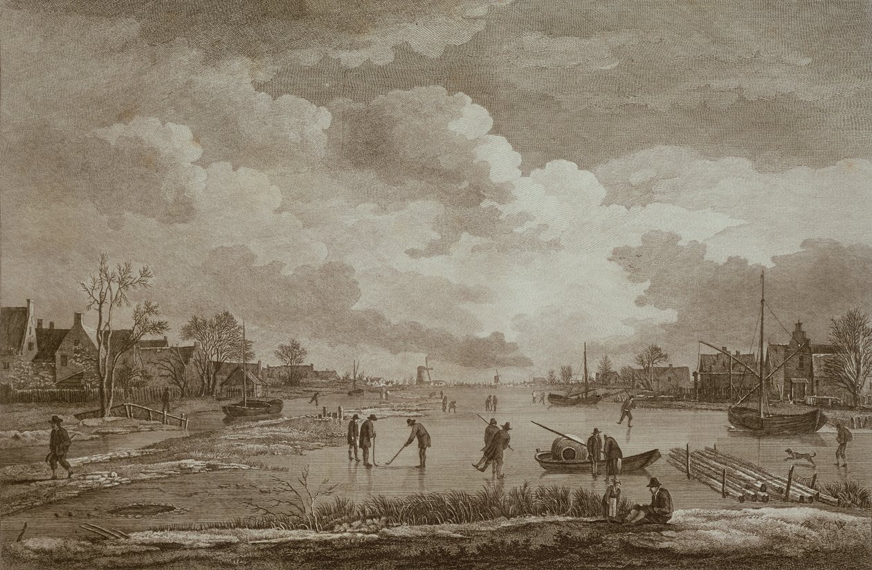 冬天，高尔夫球在冰上，铜线雕刻Van Drever，c.1753 作者 未知未知
