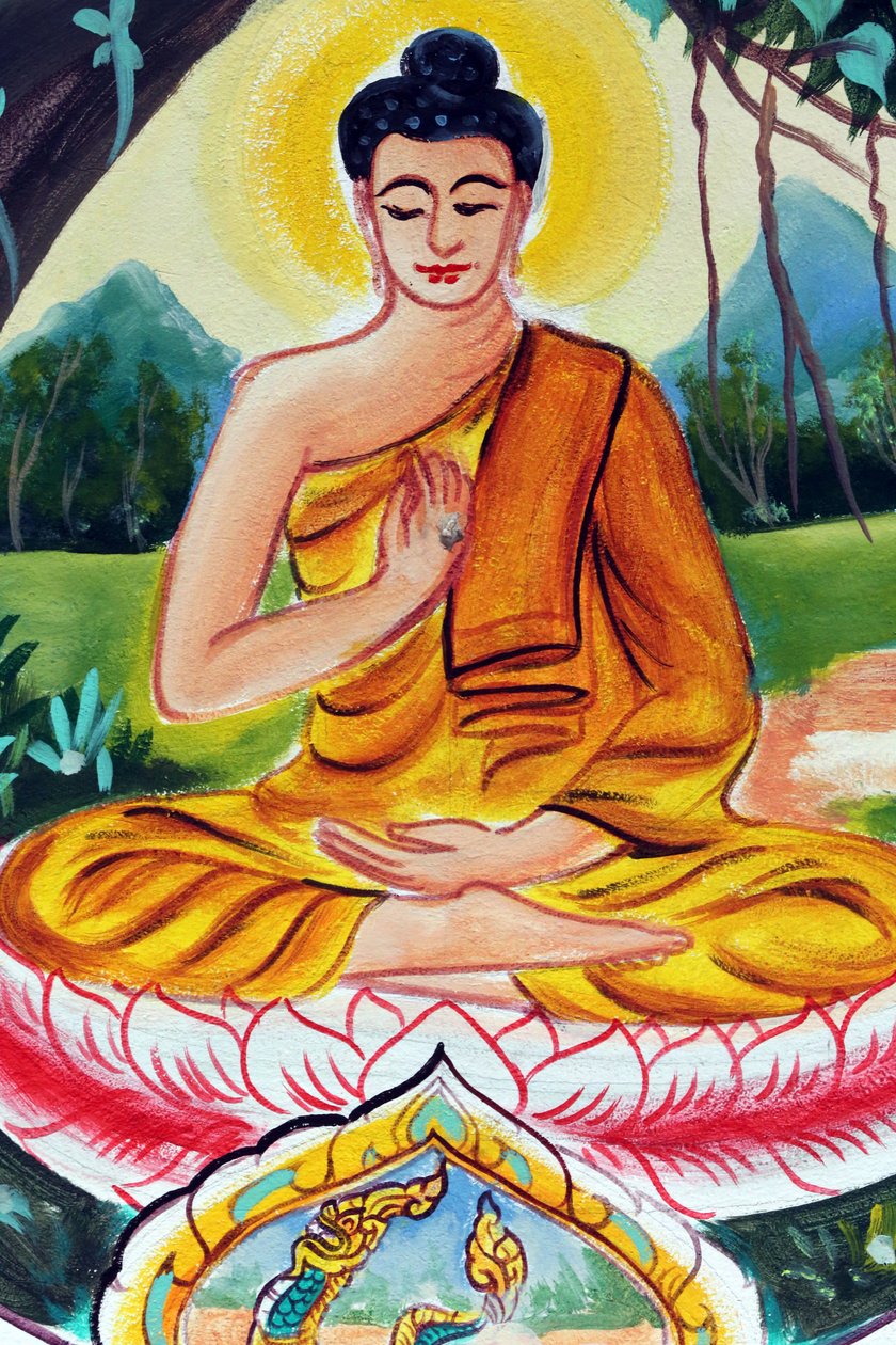 20151029, Vientiane, Laos : Wat Inpeng buddhist temple. Painting depicting the life story of Shakyamuni Buddha. The Teaching Buddha depicts a particular moment in the life of the Buddha, namely, the first sermon the Buddha gave after reaching Enlightenment 作者 不明