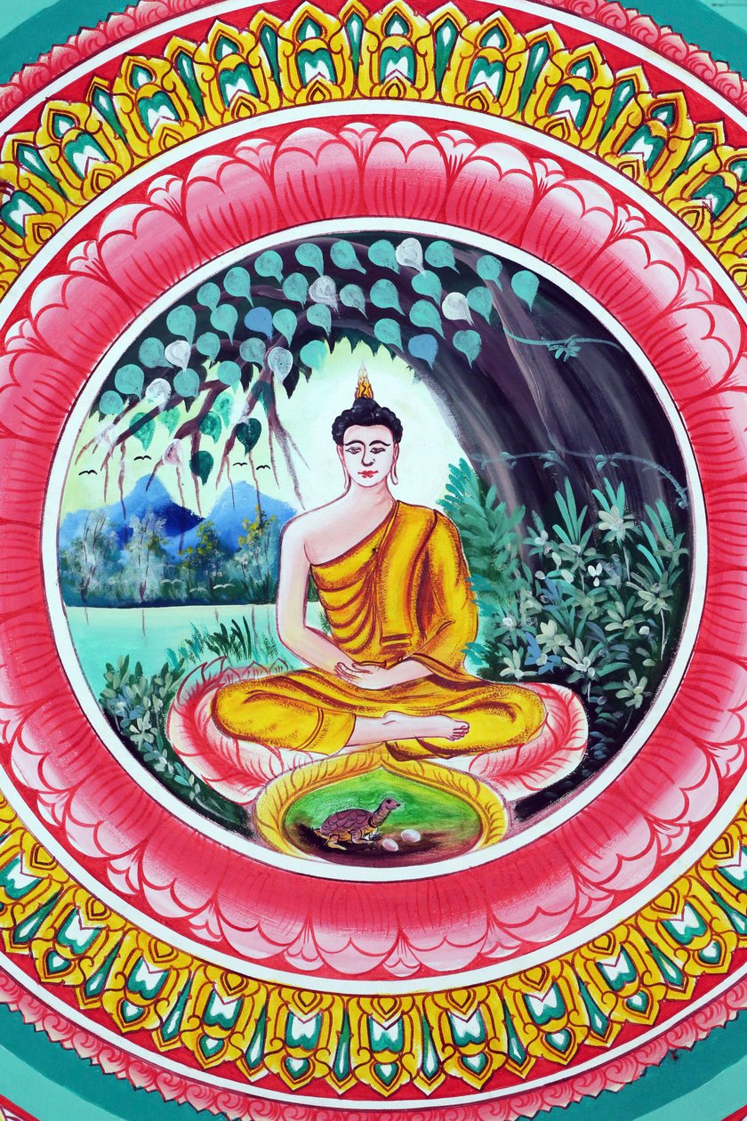 20151029, Vientiane, Laos : Wat Inpeng buddhist temple. Painting depicting the life story of Shakyamuni Buddha. Buddha sitting in the meditation pose 作者 不明