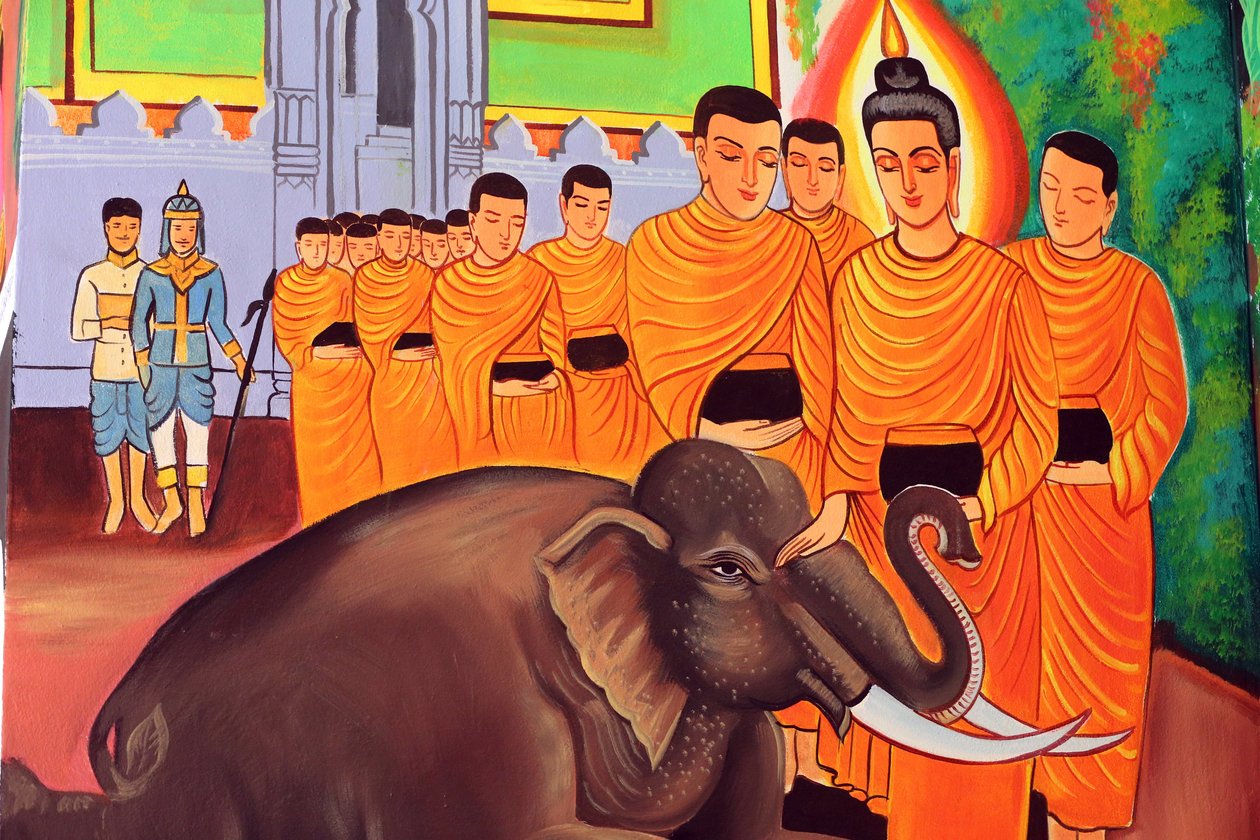 20151029，老挝万象：Wat Si Muang (Simuong) 佛教寺庙。 描绘释迦牟尼佛生平事迹的画作。 被慈爱驯服的野象 作者 不明