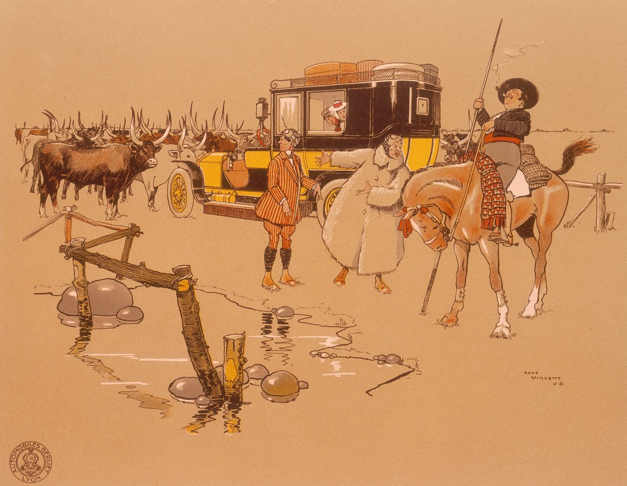 卡在牛群中的一辆贝利特汽车，1906年 作者 不明