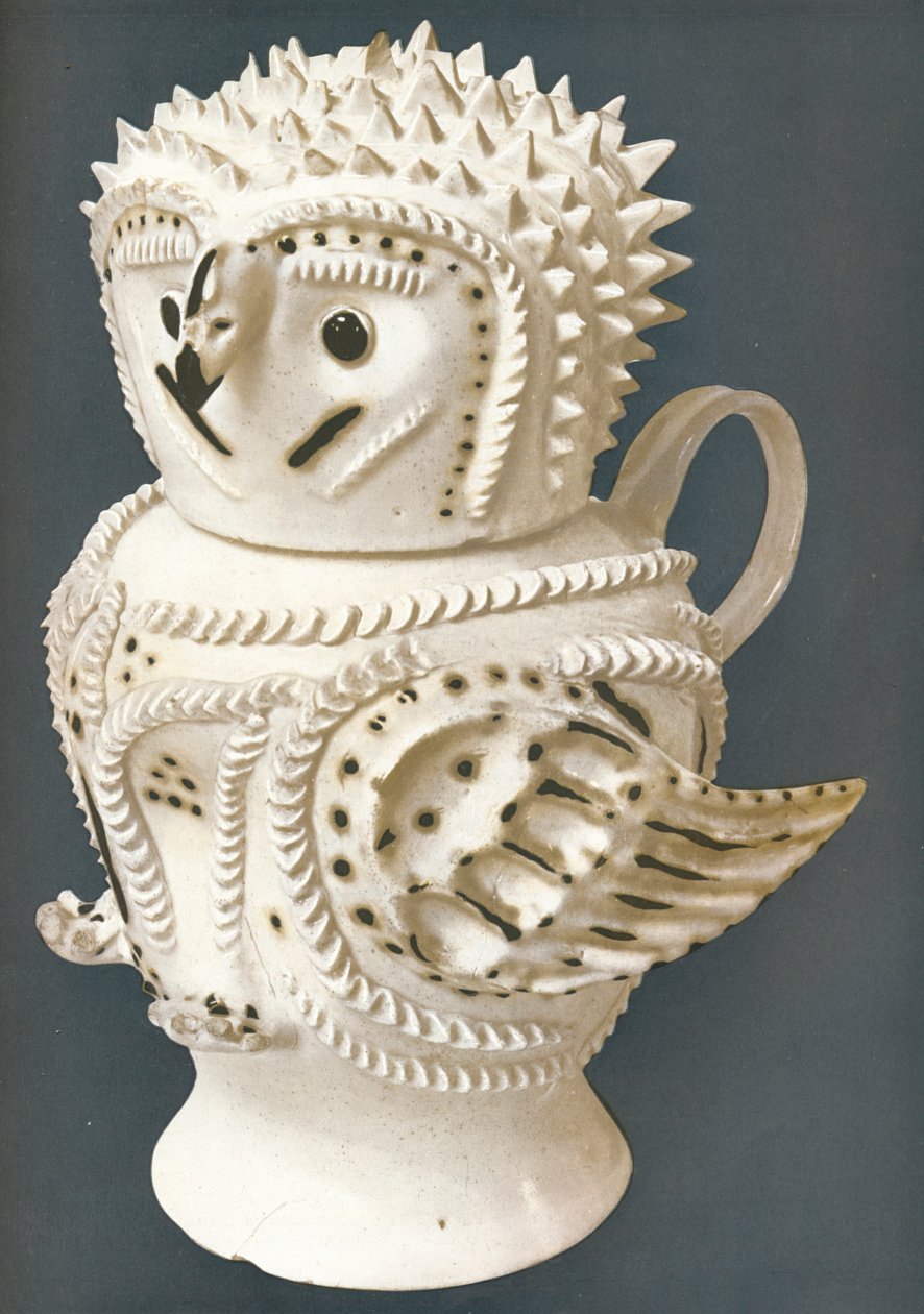 盐釉猫头鹰用作水罐，杯头，c1730-c1755，1913年 作者 不明