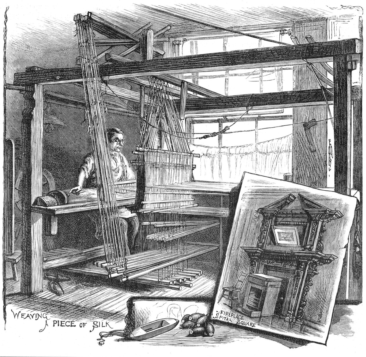 1884年，一名Spitalfields丝织工在他的手织机上 作者 不明
