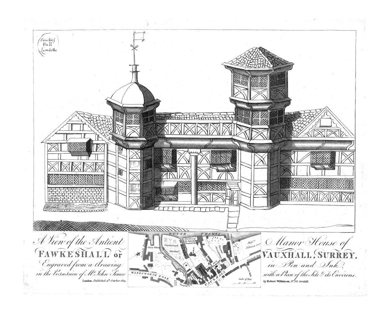 Fawkeshall或Vauxhall的Antient庄园住宅的景观，萨里，1813年。 作者 不明