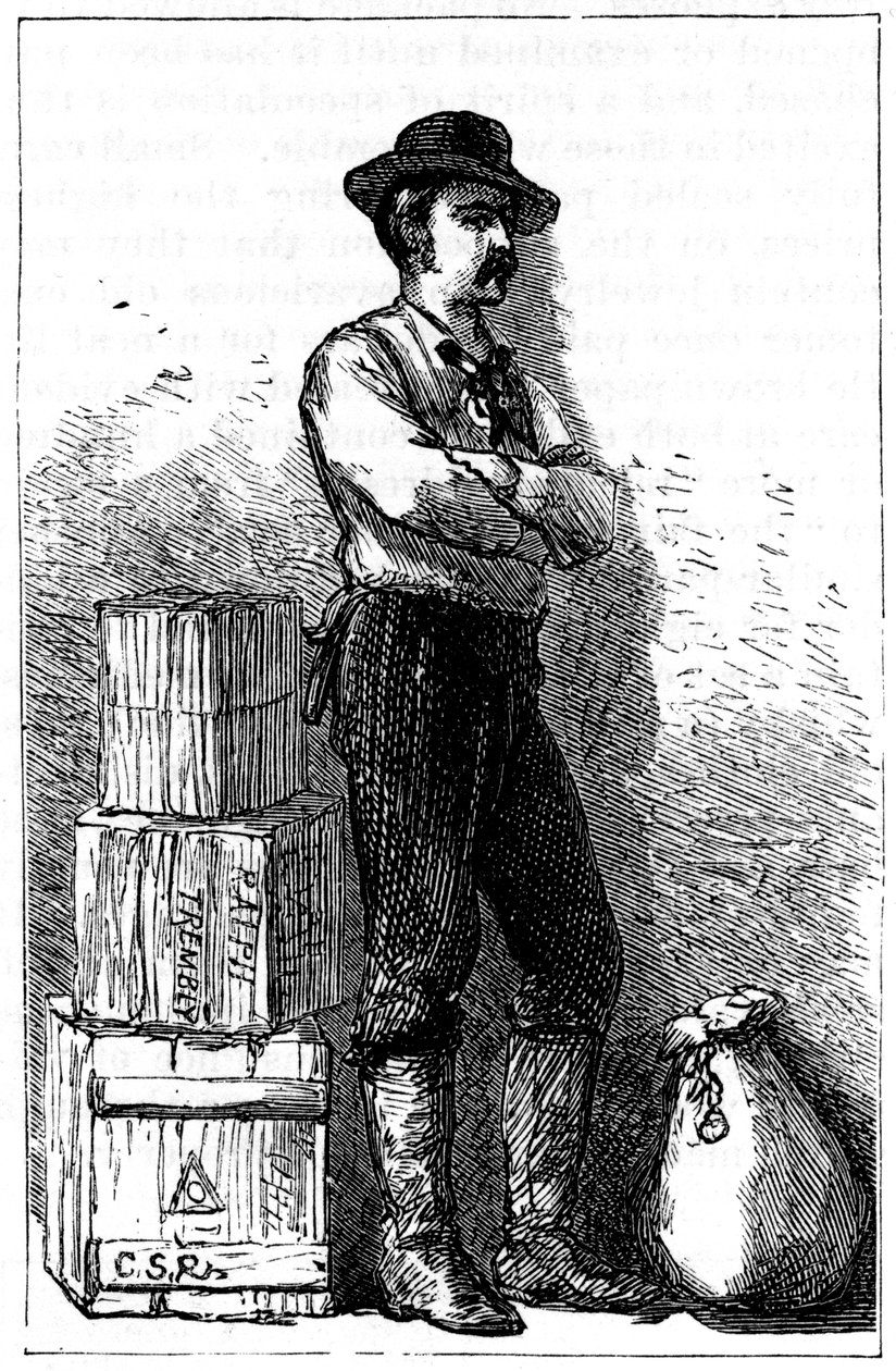 1875年，来自巴拿马的地峡，他们的Express Delivery服务提供的Wells Fargo Messenger。 作者 不明
