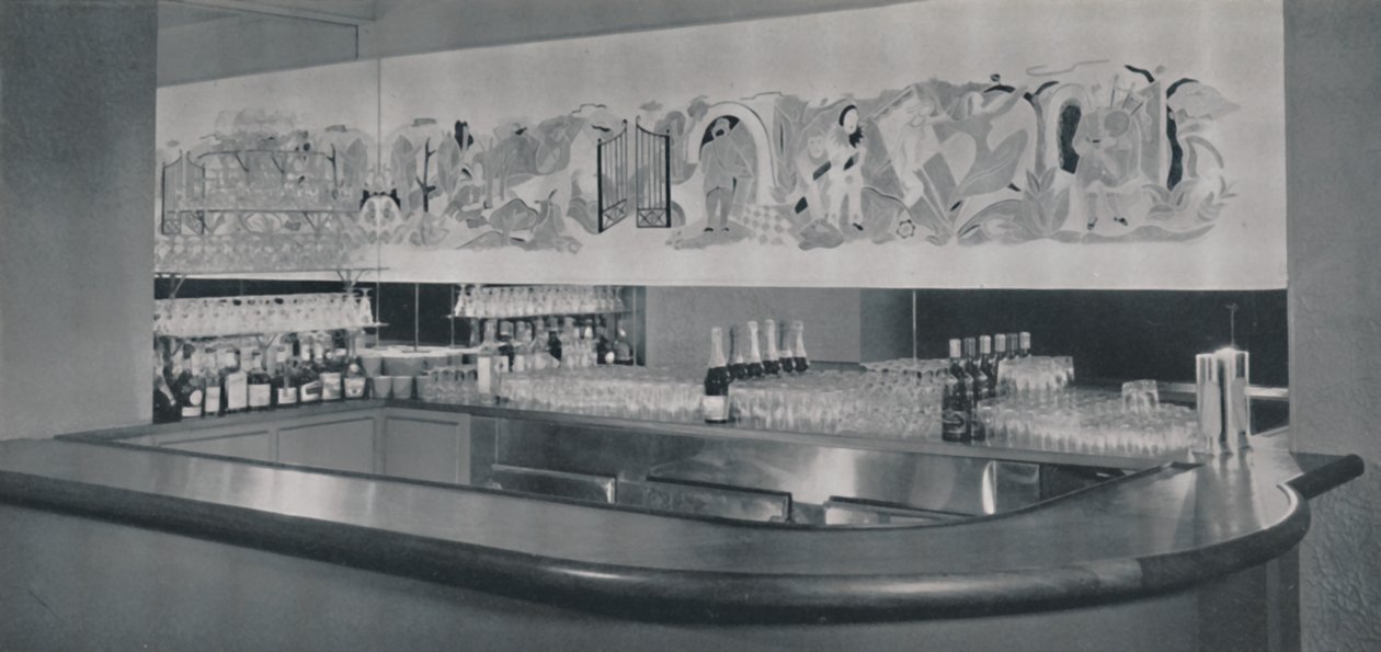 1942年，蒙特利尔伯克利酒店（Berkeley Hotel），一张雕刻和珐琅油毡的鸡尾酒酒吧壁画 作者 不明
