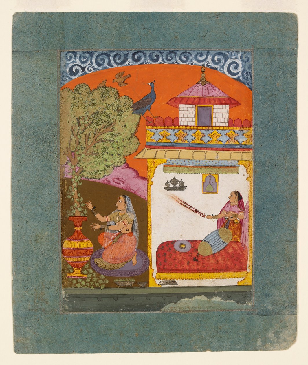一位女士在采摘树叶，说明音乐模式Gunakali Ragini，约1675年 作者 不明