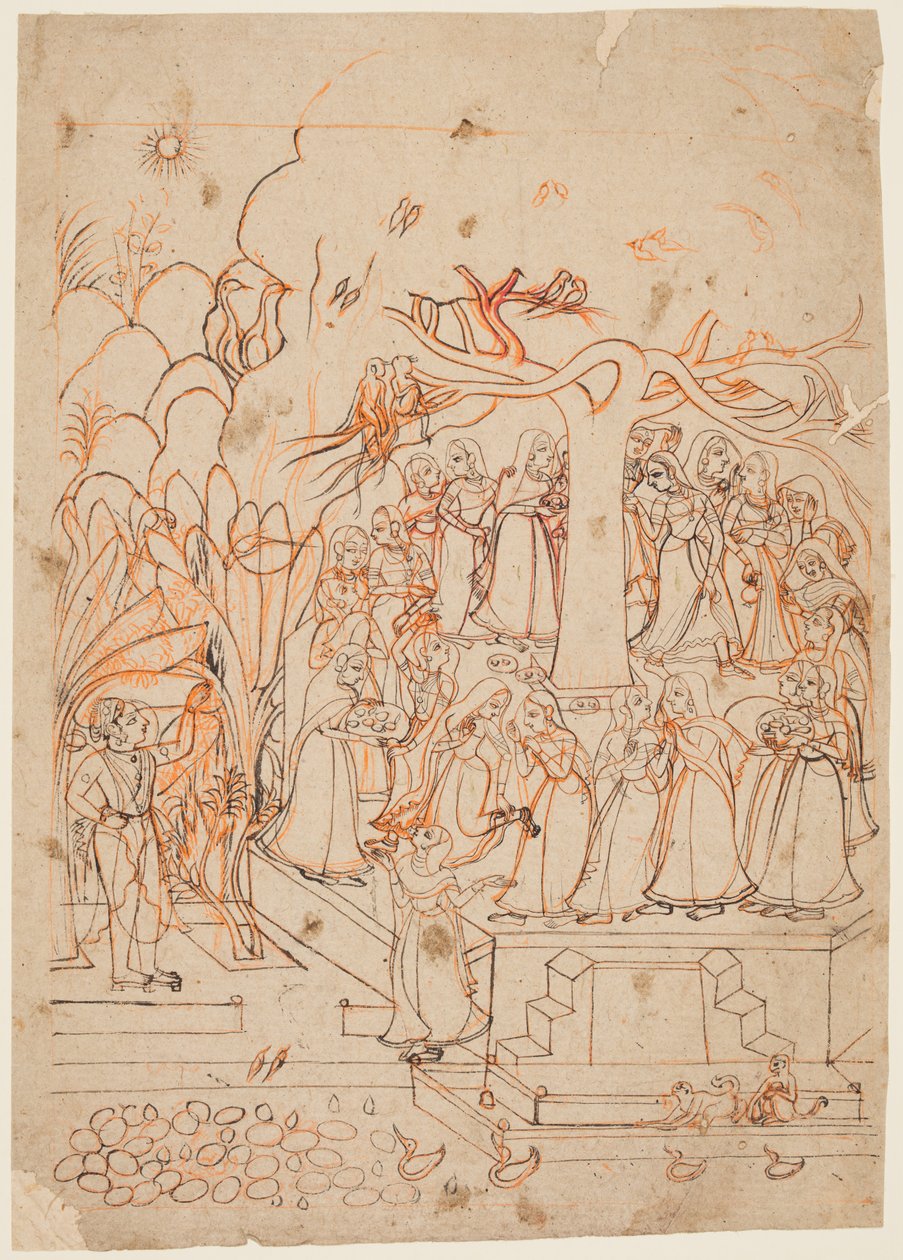 Baramasa系列中的一片叶子：克里希纳（Krishna）耶斯塔（Jyestha）五月至六月，看着戈皮（Gopis）...，c。 1760。 作者 不明
