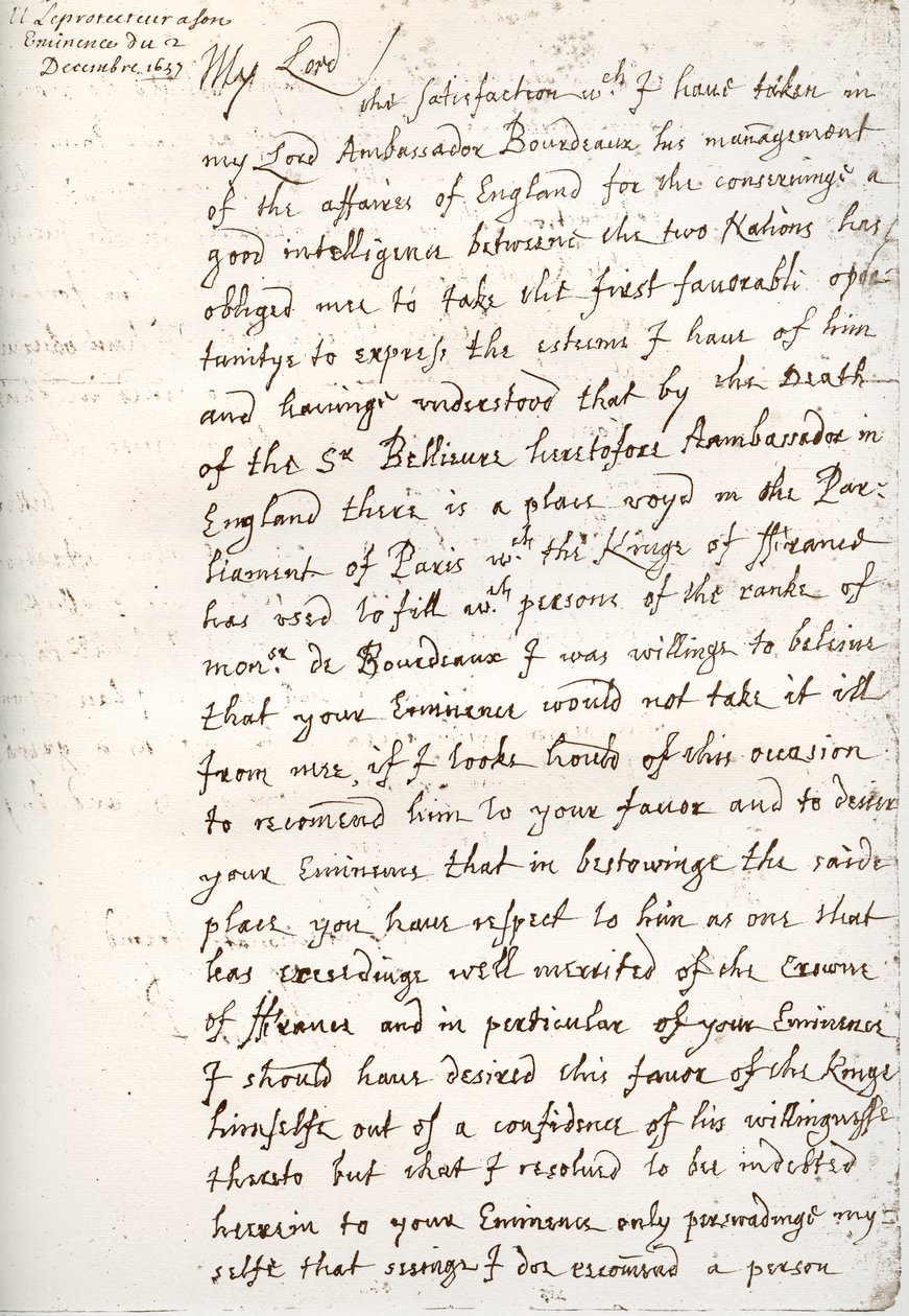 奥利弗·克伦威尔（Oliver Cromwell）1657年12月4日给马萨林枢机的信 作者 不明