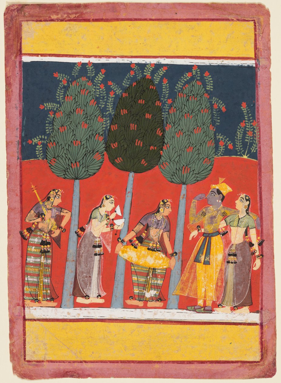 Rasikapriya系列中的一页：克里希纳和拉达以及有乐器的Sakhis，c。 1650 作者 不明