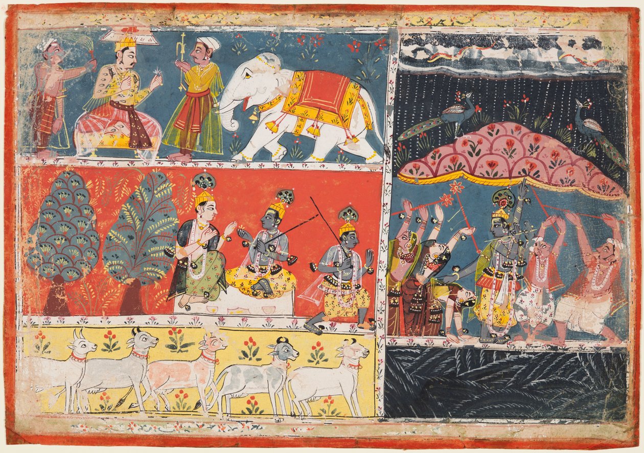 Bhagavata Purana上的一页：因陀罗送下大雨，克里希纳举起山。戈瓦尔达纳（Govardhana），1686年。 作者 不明