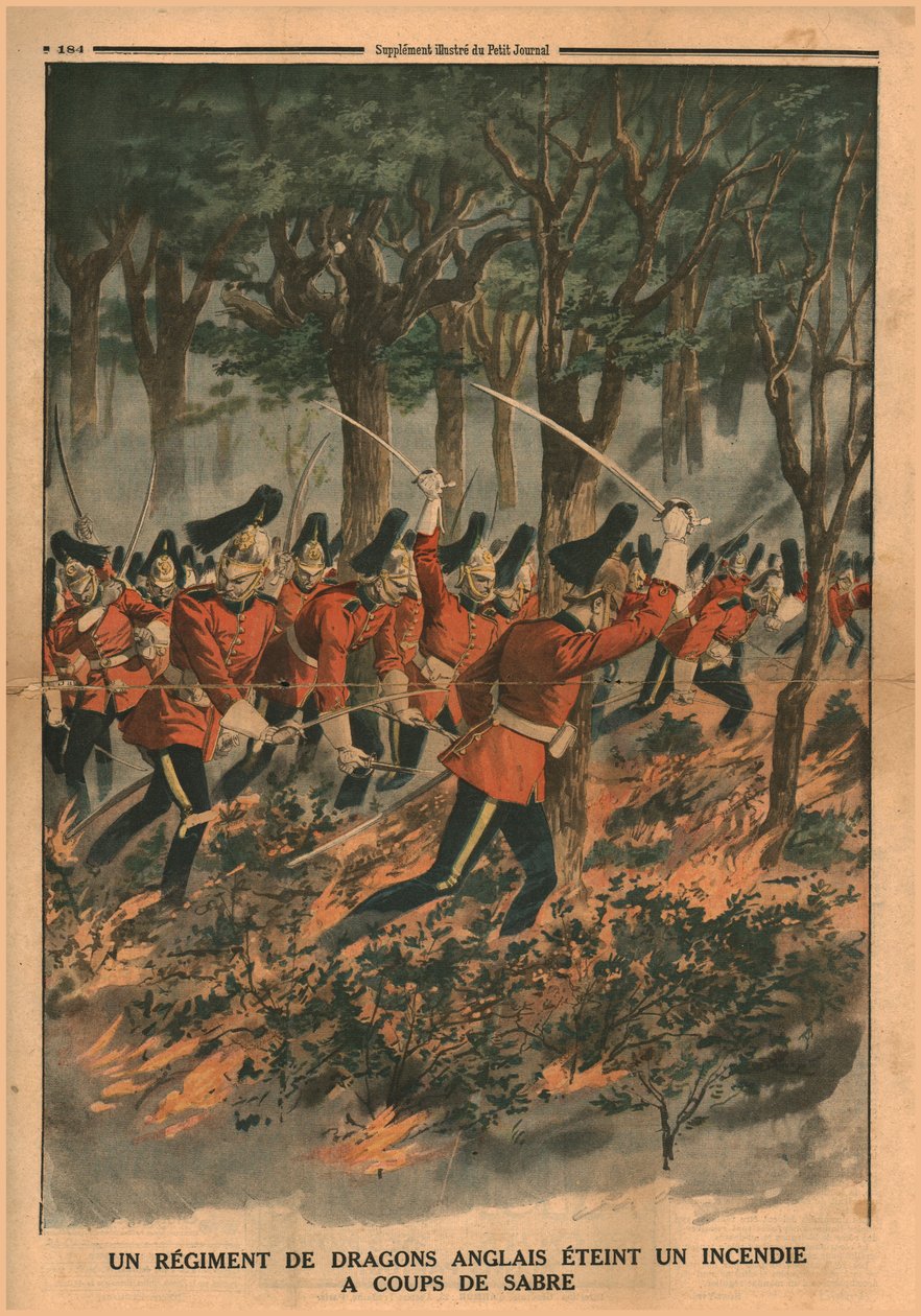 1914年，英国龙骑兵团用军刀扑灭大火。 作者 不明