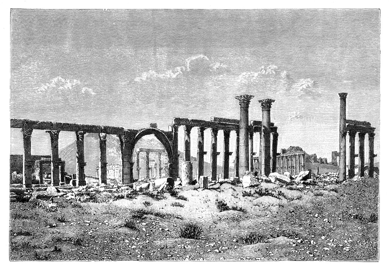 1895年，叙利亚巴尔米拉·塔德穆尔（Palmyra Tadmur）的一座废墟柱廊 作者 不明