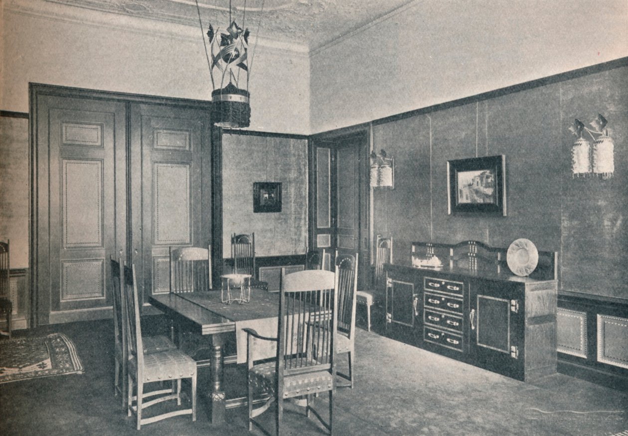 由MH Baillie Scott设计，c1909，位于柏林公寓的一间餐厅的视图。 作者 不明