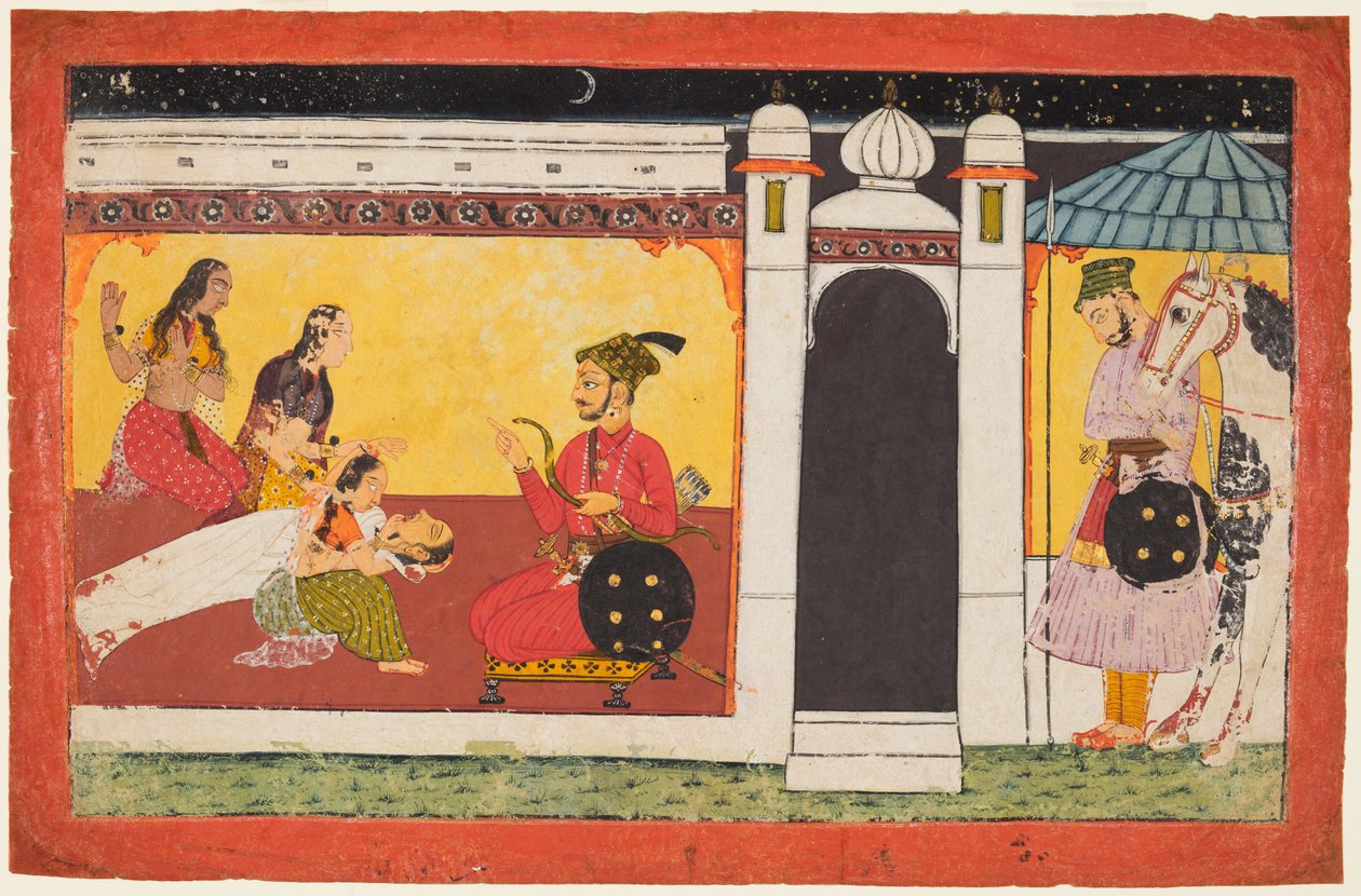 一名女士在王子面前昏倒，这是Madhavanala Kamakandala系列中的夜景c。 1700。 作者 不明