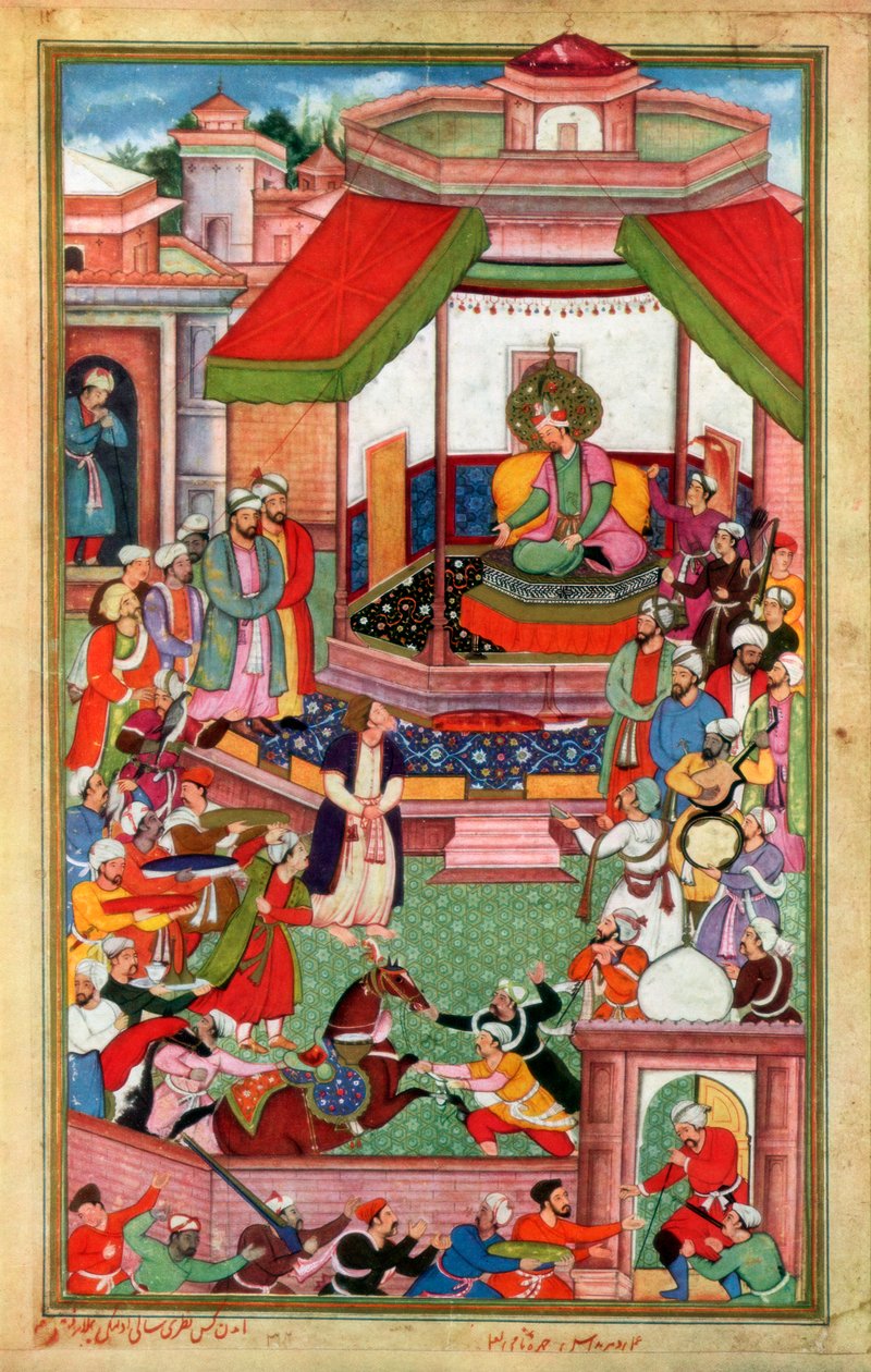 Abul-Fazl ibn Mubarak向Akbar展示Akbarnama 作者 不明