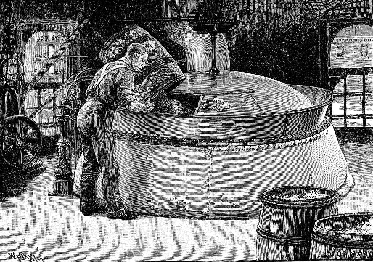 1885年，在一家美国啤酒厂中将啤酒花加入沸腾的啤酒中 作者 不明