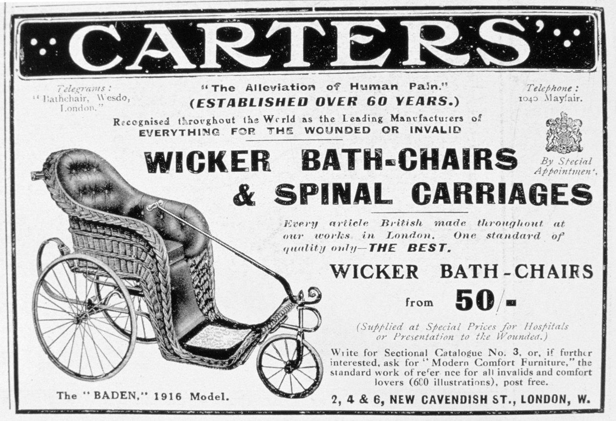 1916年卡特（Carters）柳条浴室椅和脊椎车的广告 作者 不明