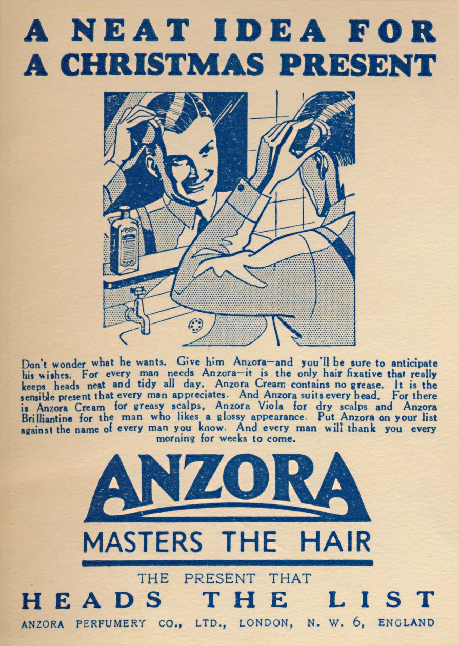 1936年，安佐拉（Anzora）头发固定剂广告。 作者 不明