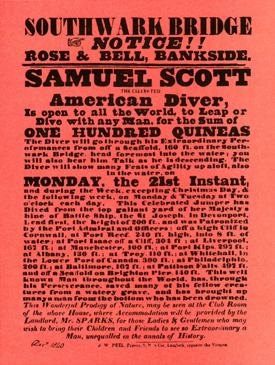 塞缪尔·斯科特（Samuel Scott）的特技表演广告，1840年，1948年。 作者 不明