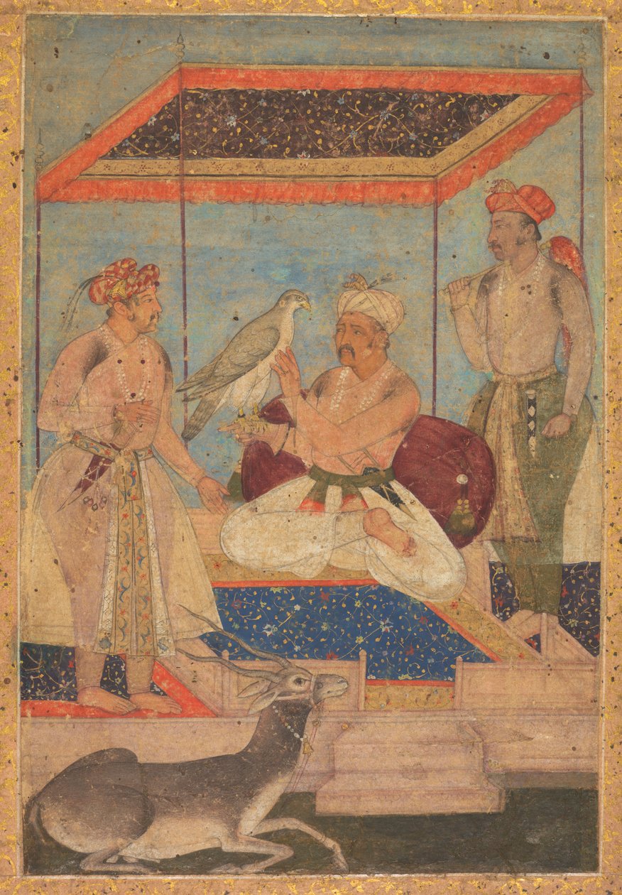阿克巴尔和贾汉吉尔（Khusrau Prince）站在背后时检查一只吉尔猎鹰（Ghir Falcon），c。 1602-1604。 作者 不明