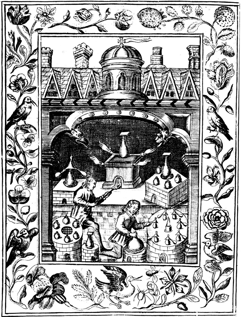 展示各种形式的熔炉和容器的炼金术实验室，1652年 作者 不明