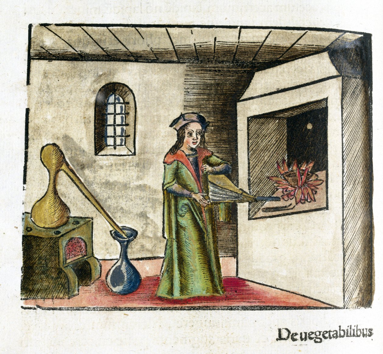 Alchimie 16e siecle: un alchimiste au travail, activant un soufflet devant la cheminee de son atelier, derriere lui, un poele et un alambic 作者 不明