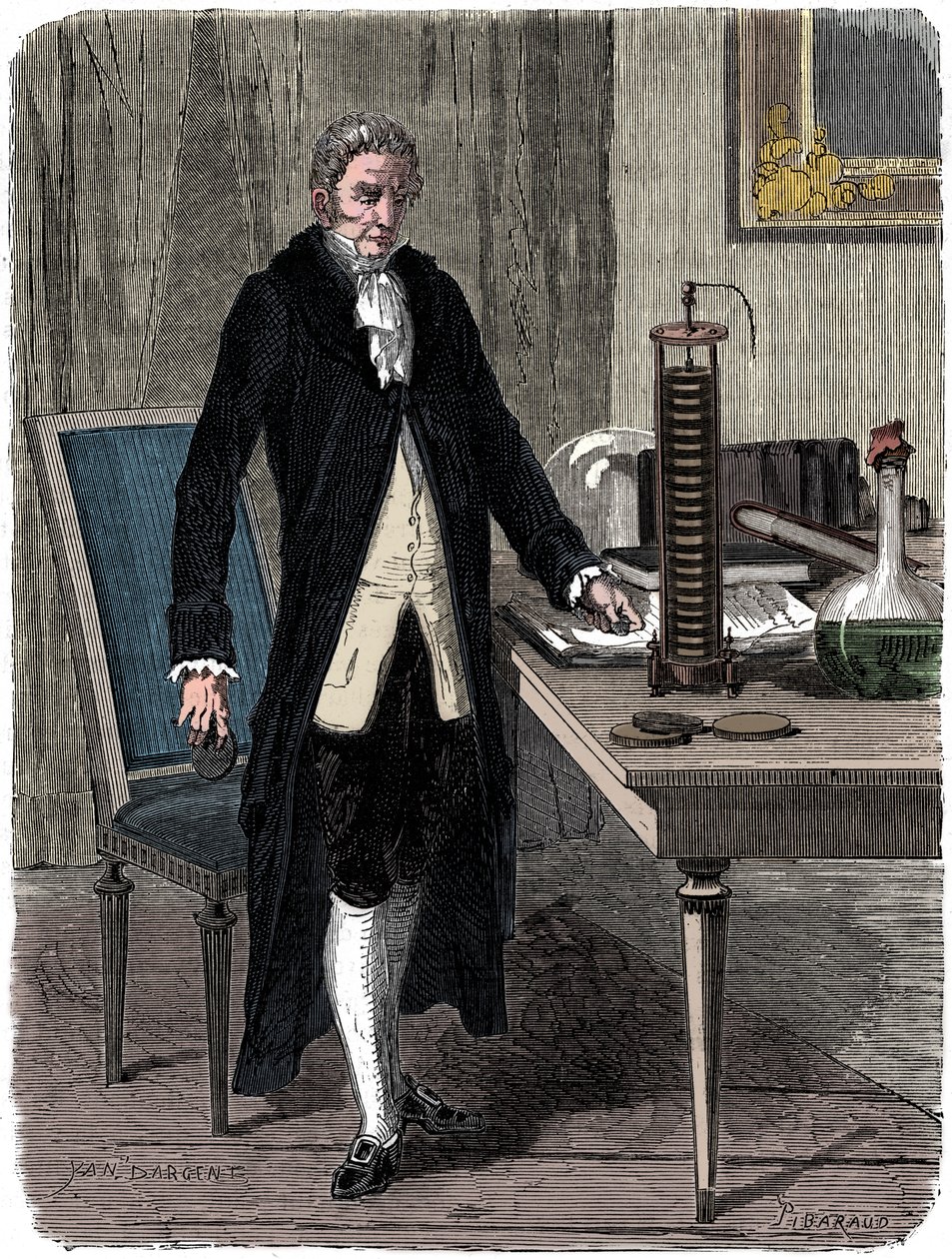 意大利物理学家亚历山德罗·沃尔塔（Alessandro Volta）展示了他的电动桩电池c1800 c1870 作者 不明
