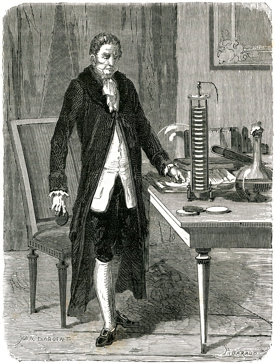 意大利物理学家亚历山德罗·沃尔塔（Alessandro Volta）展示了他的电动桩电池c1800 c1870 作者 不明