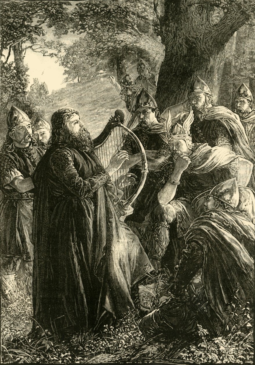 伪装成竖琴家的阿尔弗雷德大帝（Alfred the Great），化身为古斯鲁姆（878），1890年。 作者 不明