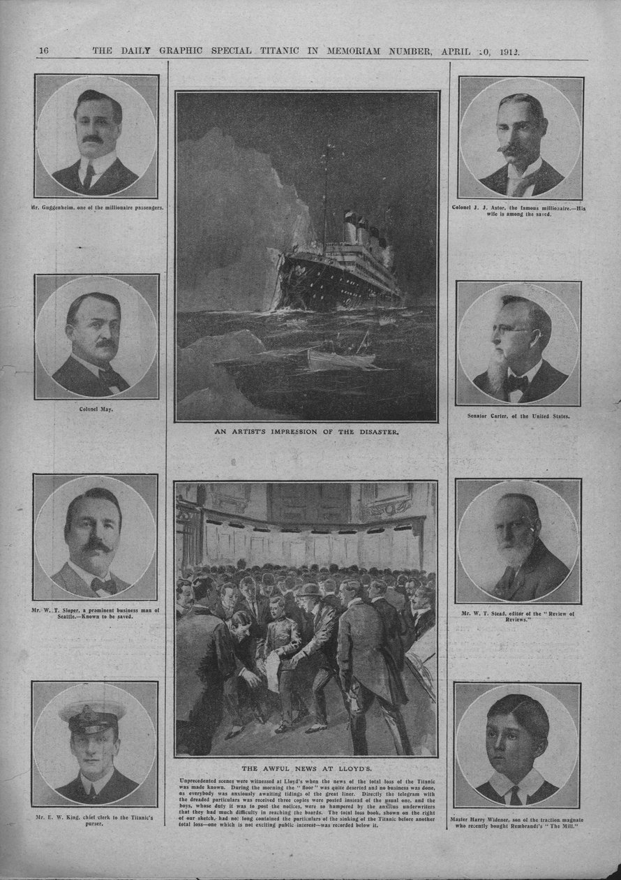 1912年4月20日在劳埃德（Lloyds）的艺术家对灾难的印象和可怕的新闻。 作者 不明