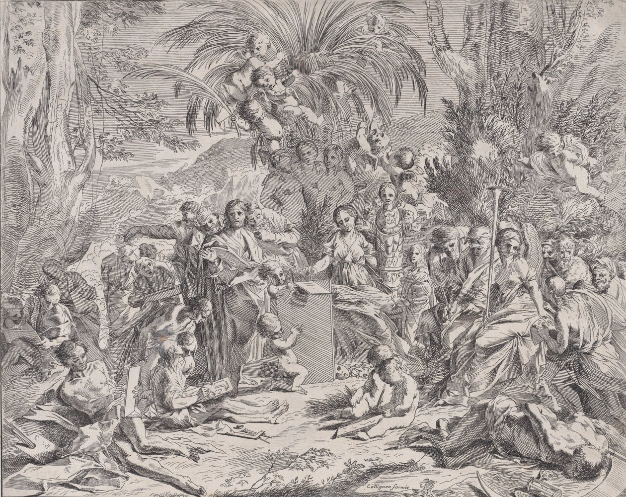 一个绘画的寓言，谁作为一个孩子在中间左边的平板上画画，周围是...，1650-1700。 作者 不明
