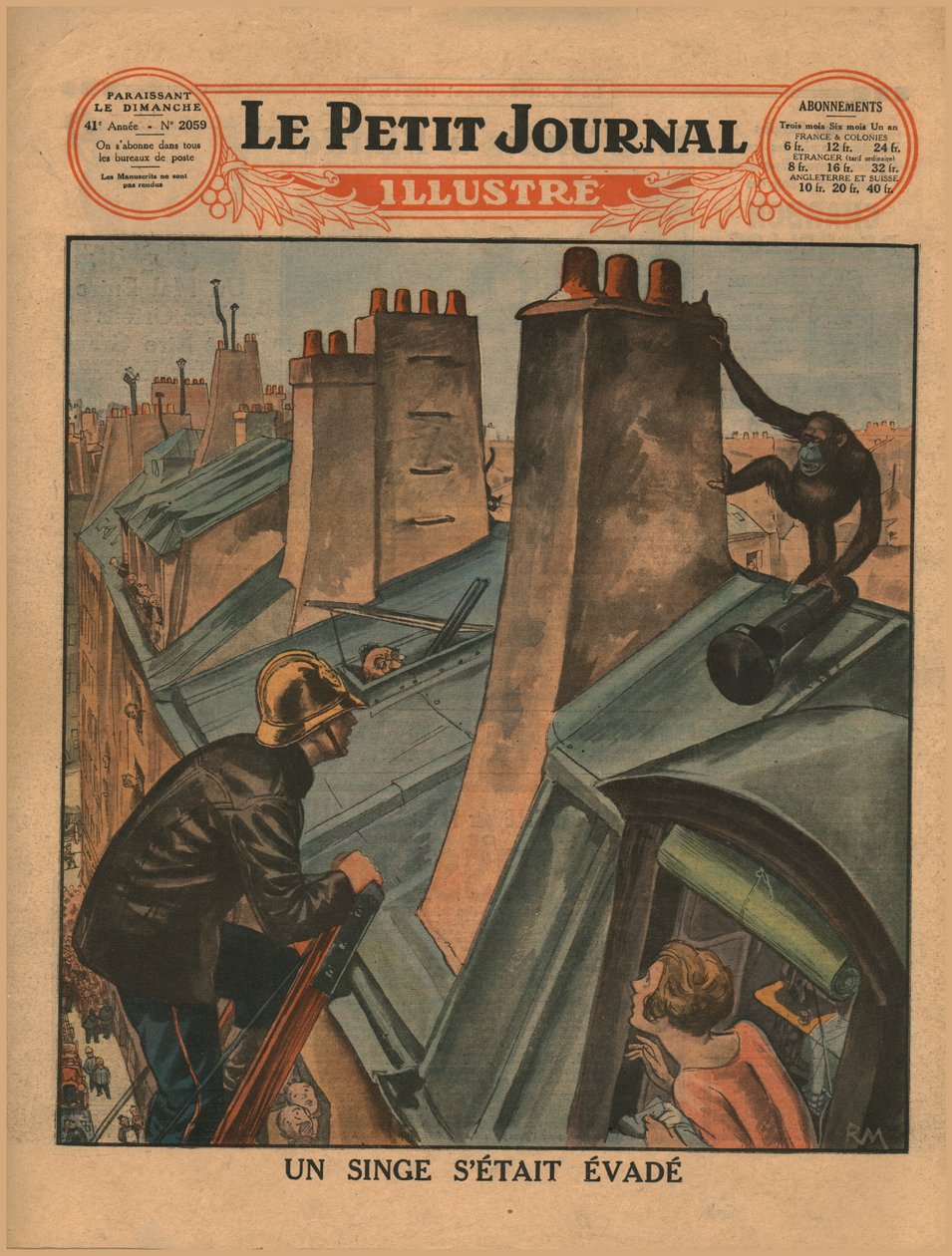 一只逃脱的黑猩猩，1930年。 作者 不明