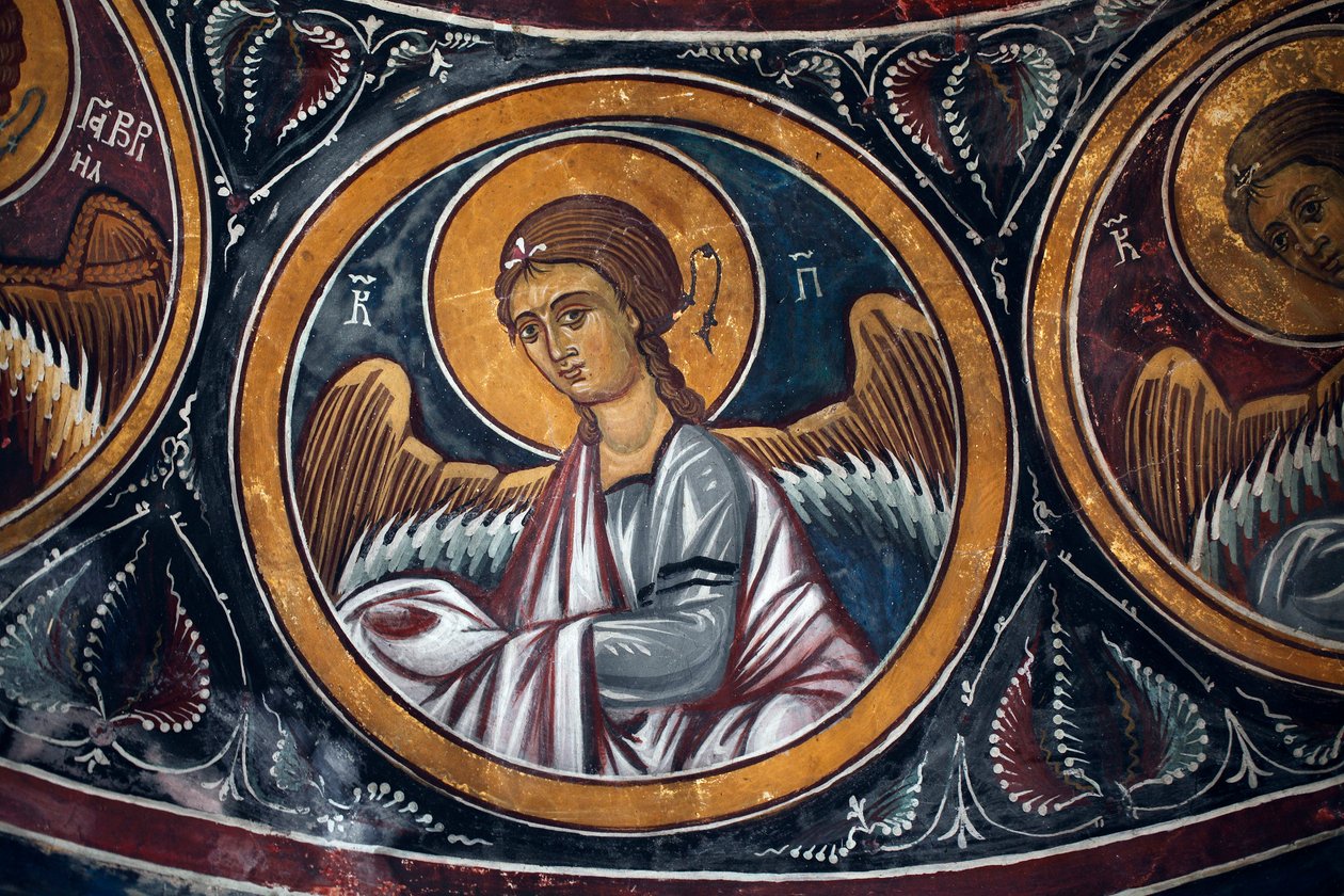 Angel Medallion around Christ and the Last Judgement Detail of the Byzantin fresco from the Narthex vault of the church of Asinou Last judgement scene 14th century (1332) UNESCO, world cultural heritage site Troodos region, Cyprus 作者 不明